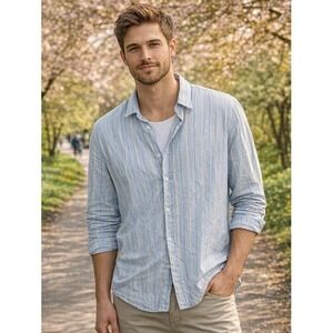 Frank & Eileen Paul Blue Stripe Seersucker‎ Cotton Button Down Shirt Mens XL